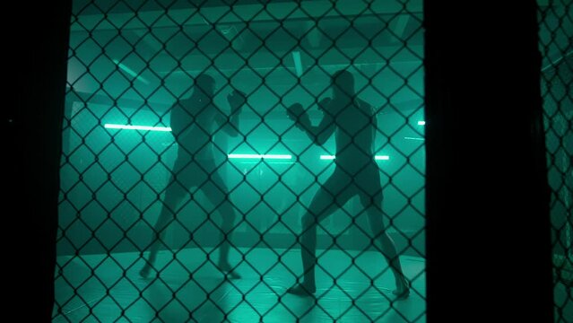 MMA fighters enter the cage ring. Mixed martial arts fight. Cinematic staged fight. Boxing in a ring or cage. Two fighters fight for the right to be the champion.