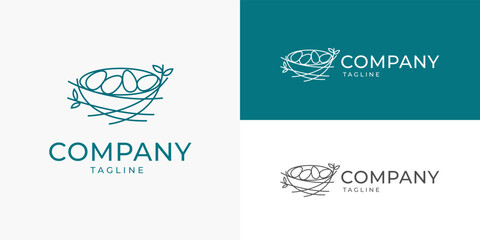 Bird Nest Egg Line Art Outline Logo Design Vector Template for Brand Business Company