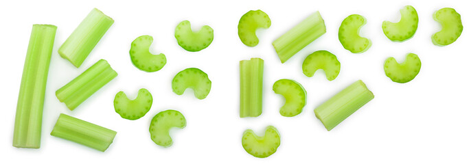 fresh celery isolated on white background with copy space for your text.Top view. Flat lay