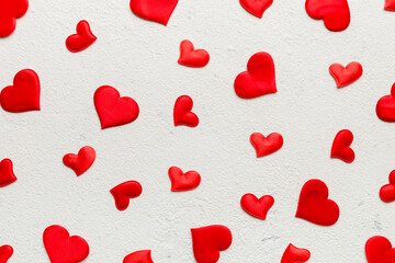 Valentine day background with red hearts, top view with copy space