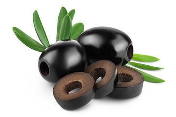Black olives with leaves isolated on a white background with full depth of field.
