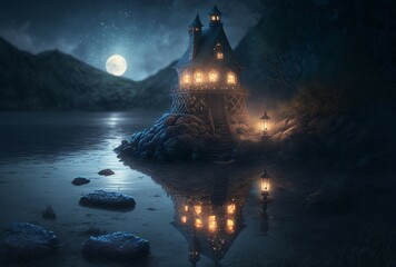 illustration, fantasy castle on some rocks in the middle of a lake, image generated by AI.