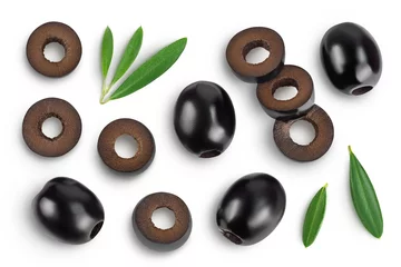 Poster Black olives with leaves isolated on a white background with full depth of field. Top view. Flat lay © kolesnikovserg