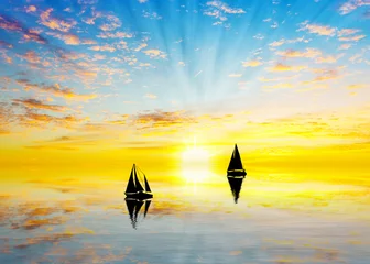 Foto op Plexiglas paisaje del mar con unos veleros al atardecer  © kesipun