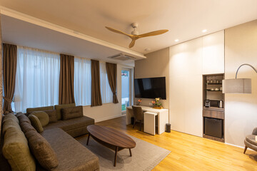 Interior of a modern hotel apartment with brick wall decoration