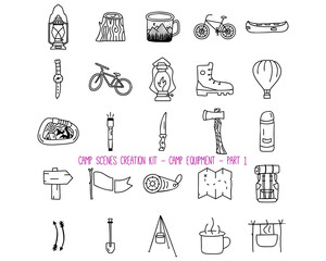 Set of various camping equipment icons