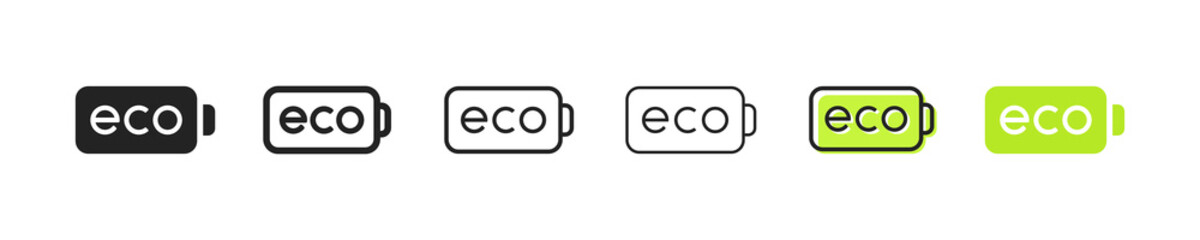 Battery state of charge with eco text set icon. Discharged, full, lightning, electricity, accumulator, electric, power supply. Technology concept. Six vector line icon in different styles