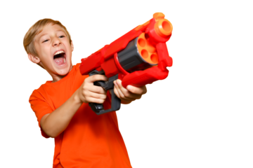Cheerful boy with a toy gun screams against a transparent background