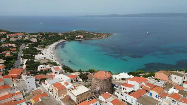 Sotto Torre Beach at Calasetta Beach Town, Sardinia, Italy - 4k Aerial