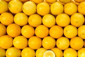 Lemons At Market. Colorful Display Of Lemons In A Market
