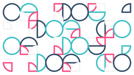 Background with a set of full circle, half circle, and quarter circle outlines in white, tosca green, navy, and red.