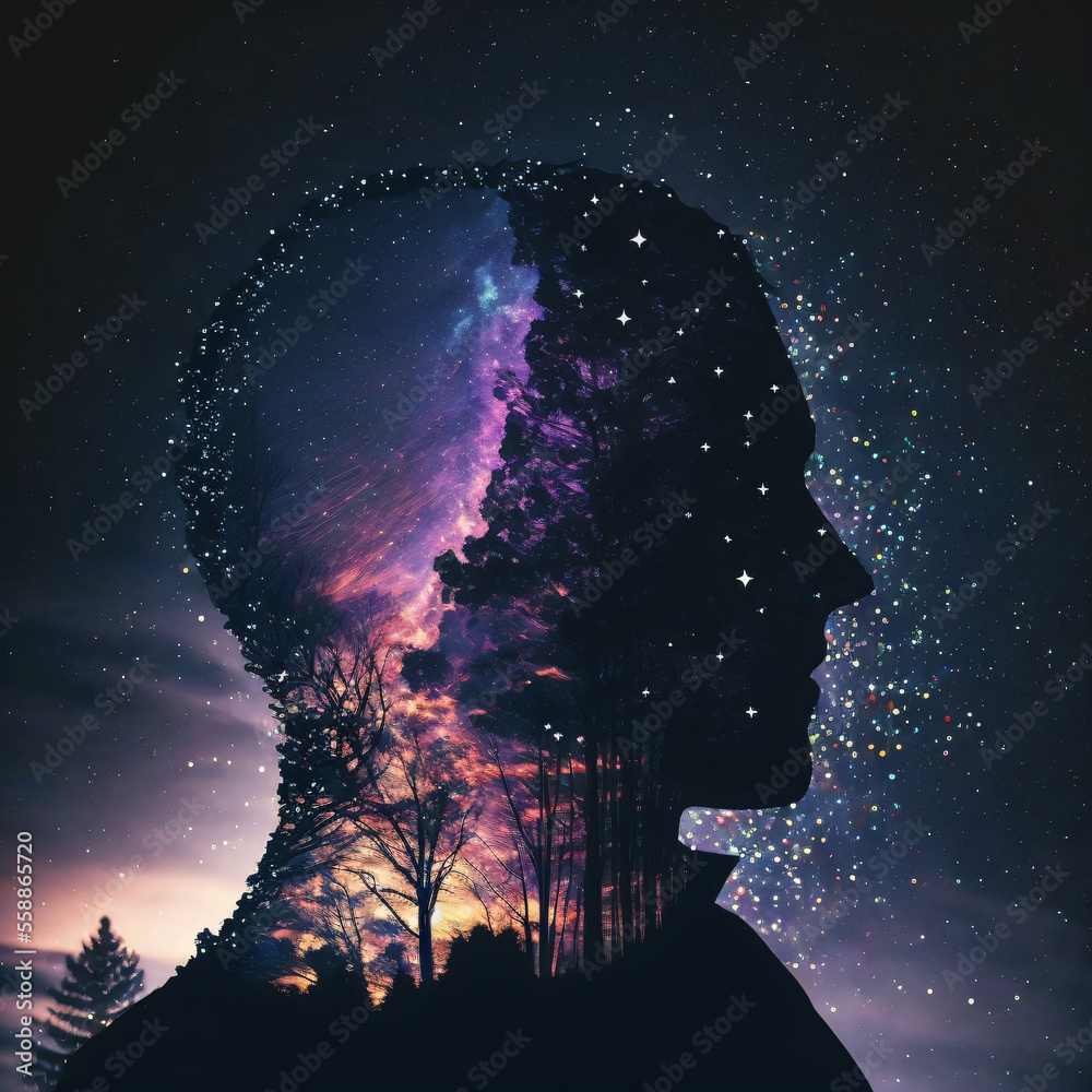 Wall mural silhouette of a person standing in front of night sky with galaxy. designed using generative ai.