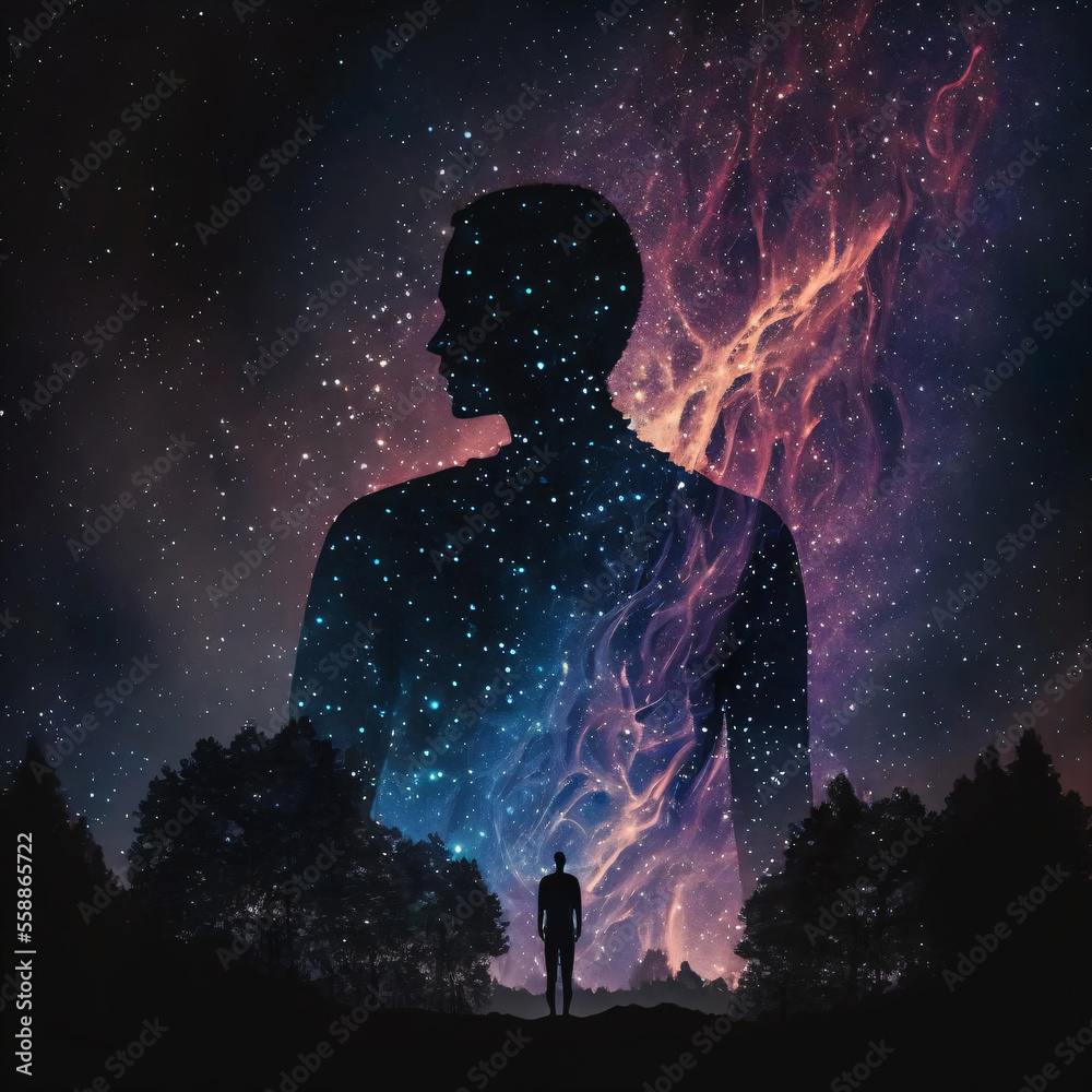 Wall mural silhouette of a person standing in front of night sky with galaxy. designed using generative ai.