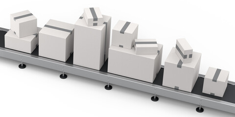 Airport luggage conveyor belt or manufacture line with cardboard boxes on white