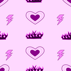 Y2k glamour pink seamless pattern. Backgrounds in trendy 2000s emo girl kawaii style. Flames, heart, lightning. 90s, 00s aesthetic.