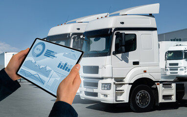 Manager with a digital tablet next to trucks. Fleet management	