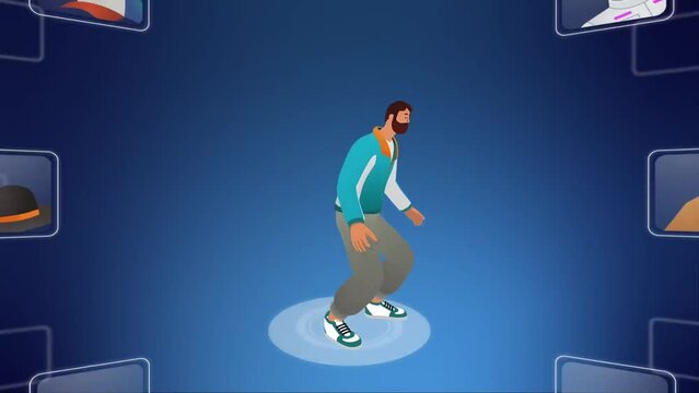 Male cartoon wear virtual reality glass and floating on blue background. Metaverse conceptual 3d animation. Metaverse virtual digital technology game control with VR goggle