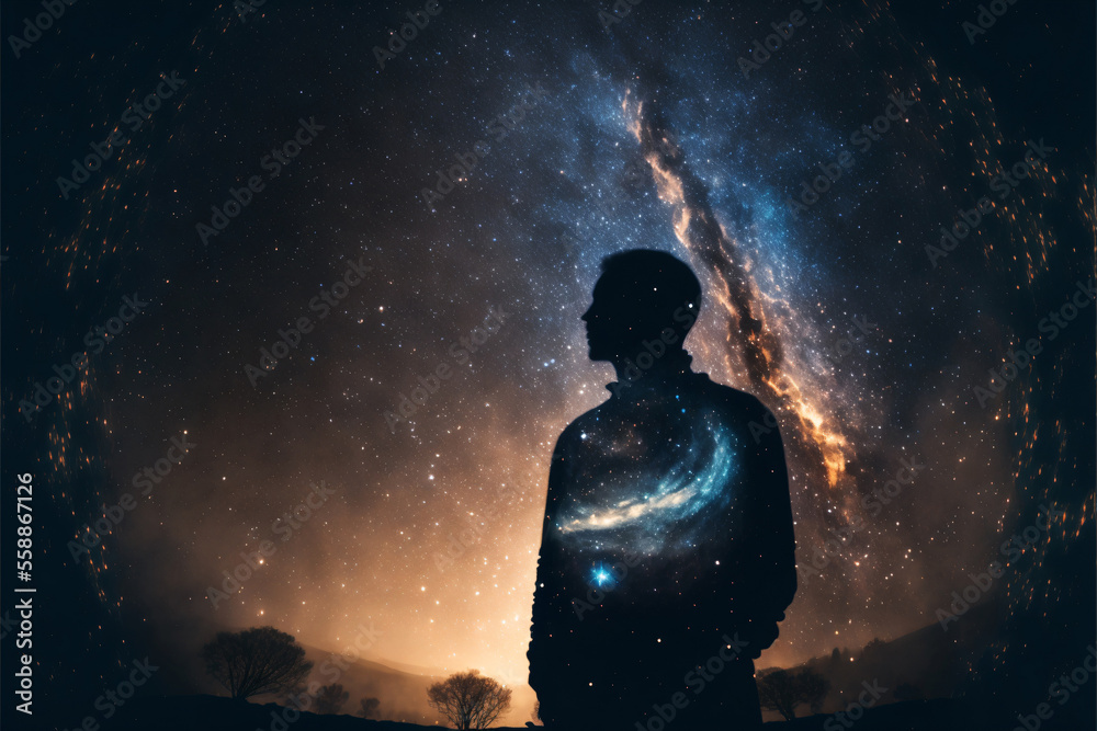 Wall mural silhouette of a person standing in front of night sky with galaxy. designed using generative ai.