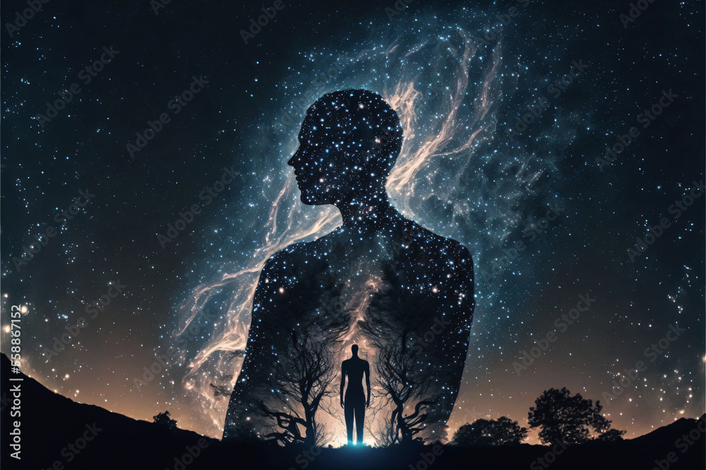 Wall mural silhouette of a person standing in front of night sky with galaxy. designed using generative ai.