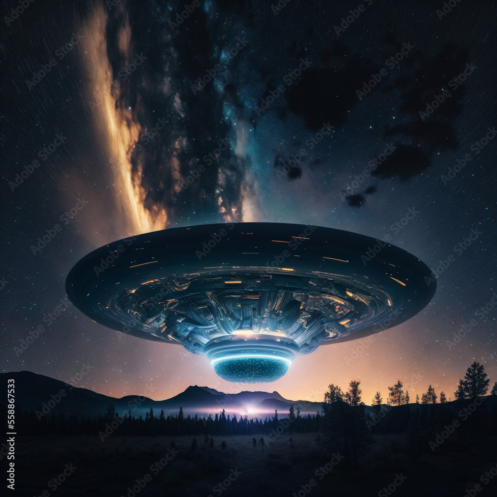 Wall mural flying saucer ufo in front of night sky. alien invasion. designed using generative ai.