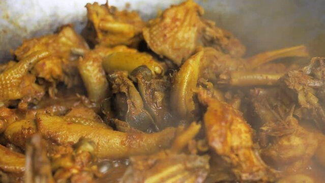 Selective Focus Of Chicken Curry Or Rendang In The Making, A Popular Traditional Indonesian Dish