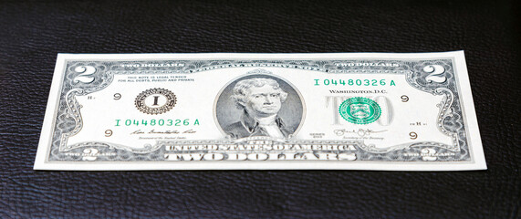Banner 2 two dollars bill banknote series 2013 with the portrait of president Thomas Jefferson, old...