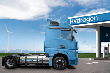 A hydrogen fuel cell semi truck with H2 gas tank onboard next to filling station. Eco-friendly...