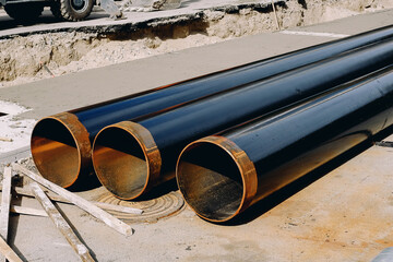 metal pipes close-up. construction work to replace heating pipes. repair work of the district...