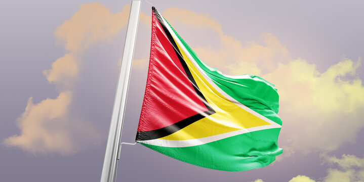 Guyana national flag cloth fabric waving on the sky - Image