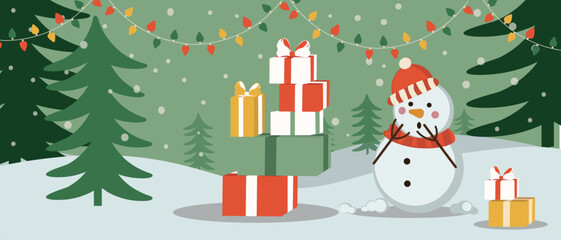 Winter Vector Landscape. Winter Forest with Cute Snowman and Christmas gifts. Snowfall in the forest. Vector Background
