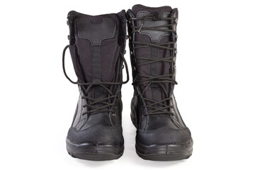 Pair of black high top leather combat boots, front view