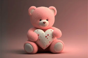 Fotobehang pink teddy bear with white heart, valentine's day, anniversary,  romantic gift, 3d illustration  © KP Designs