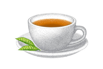 Cup of tea with leaves isolated on white background. Drink in white ceramic cup on saucer. Realistic sketch. Hand-drawn engraved vector illustration.