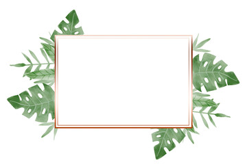 Obraz premium Tropical leaves square frame watercolor with rose gold. Jungle leaves frame. Monstera, palm leaves. Hand painted illustration isolated on white background. Wedding postcard clip art, Logo element.