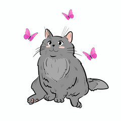 Vector illustration of a cute cat with butterflies on a light background