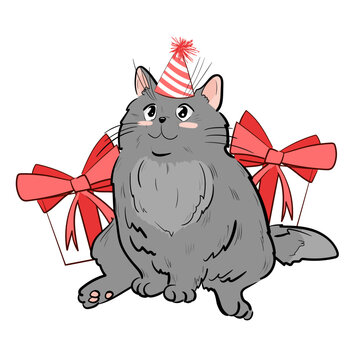 Vector illustration of a cute cat with a gift on a white background