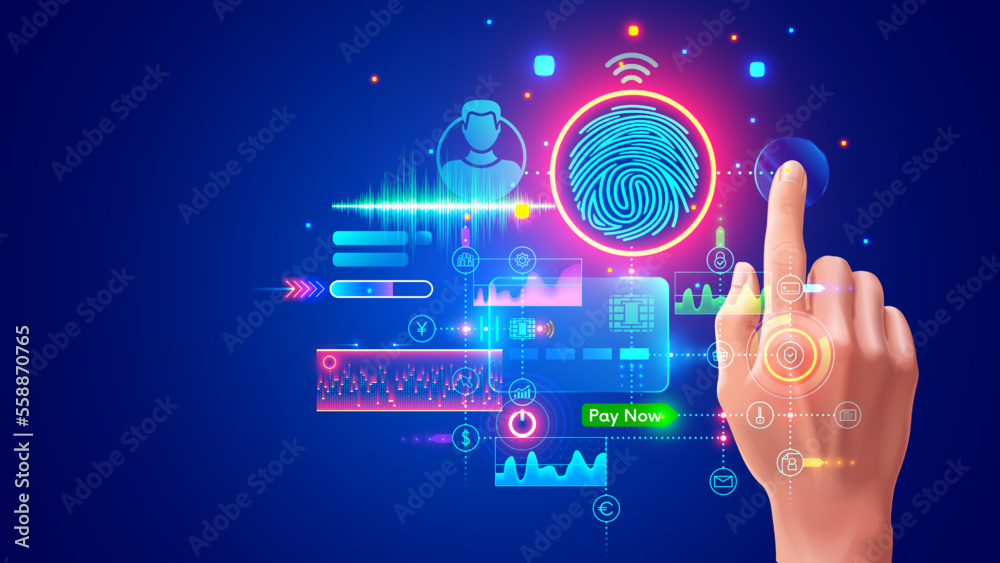 Poster Authorization with fingerprints in banking app for payment. System of Identify person in internet service. Digital access with biometric data technology. Scanner scanning index finger on hand user.