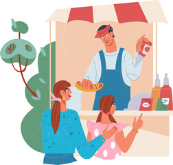 Street food festival scene with customer characters and vendor at kiosk. Fast Food Festival.