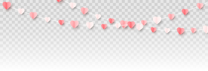Vector multicolor hanging paper hearts png. Heart shaped paper confetti png. Garland of hearts png. Hearts for Valentine's Day, March 8, Mother's Day. - obrazy, fototapety, plakaty