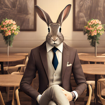 Bunny in suit, tie and vest sitting in a restaurant. Illustration, generative ai