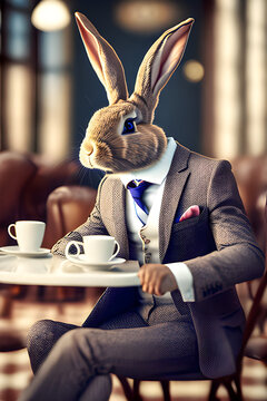 Rabbit in a business suit having coffee in a cafe. illustration, generative ai