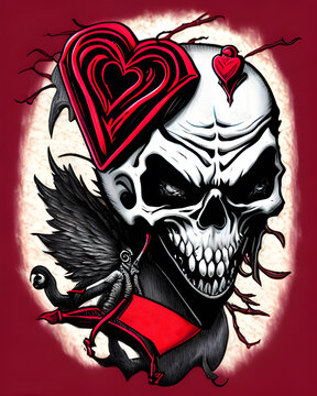 Evil Hearts and Skull Anti valentine's day illustration. generative ai.