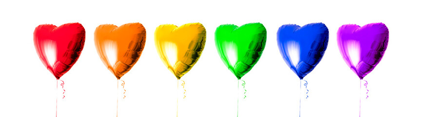 6 heart shaped balloon filled with helium in the lgbt flag community colors. Rainbow colours....
