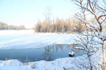 reflection of te trees  on the lake in winter
