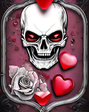 Evil skull, hearts and roses, Anti valentine's day illustration. generative ai.