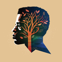 Man in profile looking into distance, inside head tree of life, Black history month, flat vector poster concept