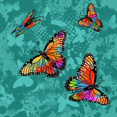 Seamless blue grunge background with blots and rainbow butterflies. Vector illustration