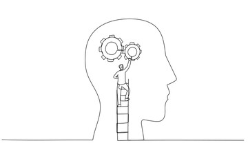 Cartoon of businessman using the ladder and installing gear on people head concept of thinking. One line style art