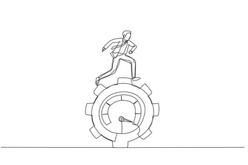 Drawing of businessman running at gear cogwheel metaphor of productivity and motivation. Single continuous line art