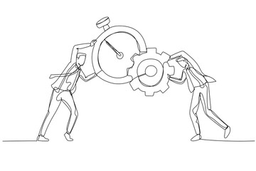 Drawing of businessman combine clock with and gear cogwheel concept of time management and production. Single continuous line art style